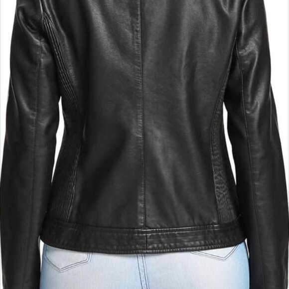 SPYM Womens Medium Faux Leather Jacket, Casual Fashion Zip Up Round Collar Coat - Picture 2 of 9